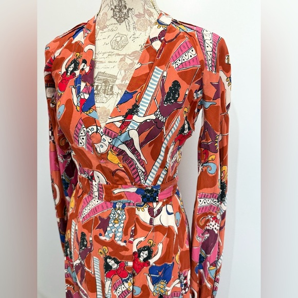 CLEMENTS RIBEIRO Vibrant Orange Red Sheath Dress with Bishop Sleeves size XS - Picture 2 of 13